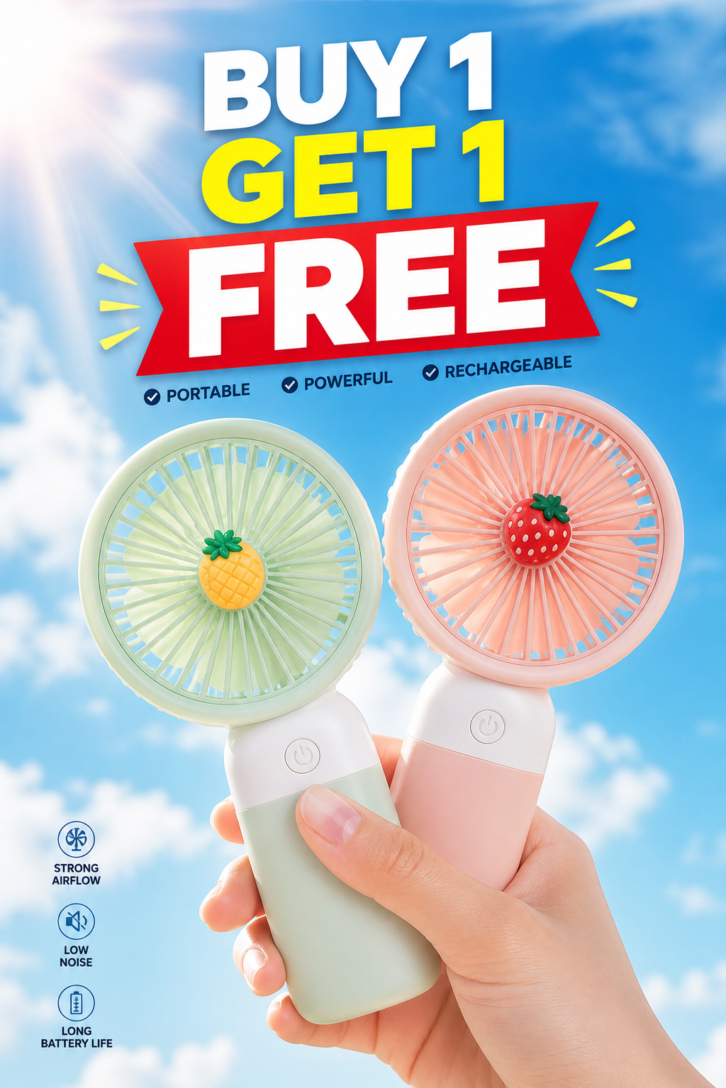 Buy 1 Get 1 FREE Mini Handheld Fan – Powerful Cooling, Rechargeable, Portable Summer Essential